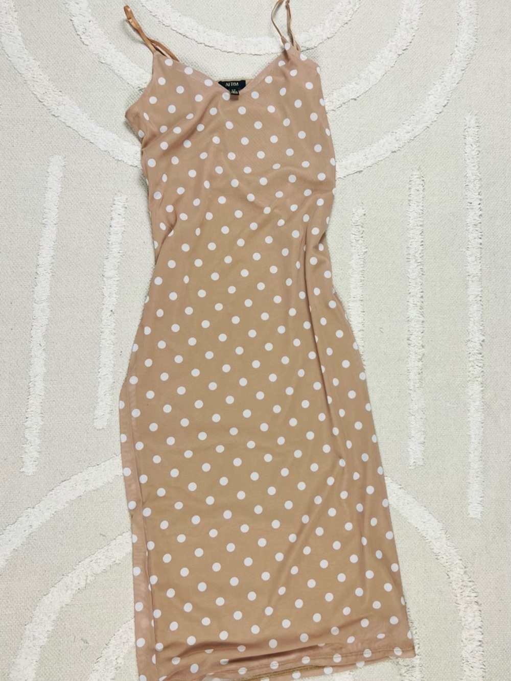 AFRM Mesh Polka Dot Midi Dress – Tan & White, Size S/P